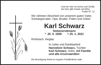 Traueranzeige von Karl Schwarz von Dinkelsbühl/ Feuchtwangen