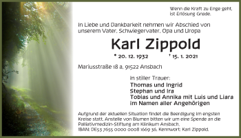 Traueranzeige von Karl Zippold von Ansbach