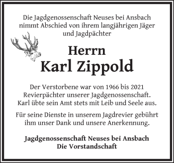 Traueranzeige von Karl Zippold von Ansbach