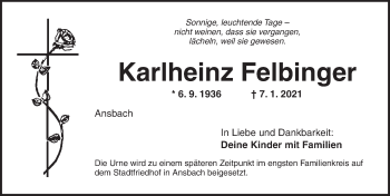 Traueranzeige von Karlheinz Felbinger von Ansbach