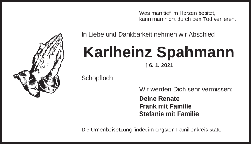  Traueranzeige für Karlheinz Spahmann vom 15.01.2021 aus Dinkelsbühl/ Feuchtwangen