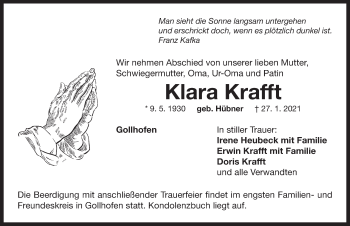 Traueranzeige von Klara Krafft von Neustadt/ Scheinfeld/ Uffenheim