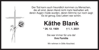 Traueranzeige von Käthe Blank von Ansbach