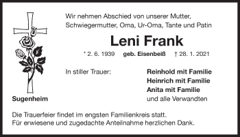 Traueranzeige von Leni Frank von Neustadt/ Scheinfeld/ Uffenheim