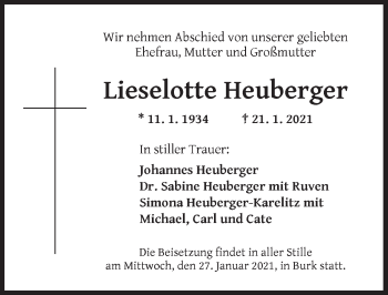 Traueranzeige von Lieselotte Heuberger von Ansbach