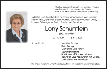 Traueranzeige von Lony Schürrlein von Dinkelsbühl/ Feuchtwangen