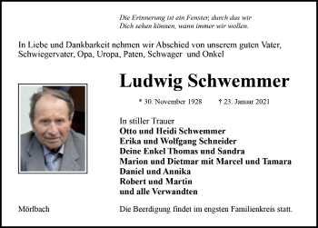 Traueranzeige von Ludwig Schwemmer von Neustadt/ Scheinfeld/ Uffenheim
