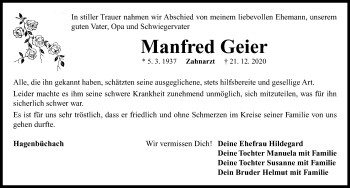 Traueranzeige von Manfred Geier von Neustadt/ Scheinfeld/ Uffenheim