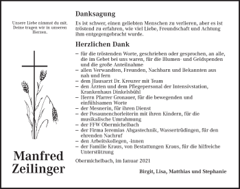 Traueranzeige von Manfred Zeilinger von Dinkelsbühl/ Feuchtwangen