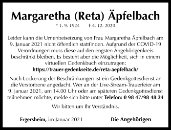 Traueranzeige von Margaretha Äpfelbach von Neustadt/ Scheinfeld/ Uffenheim