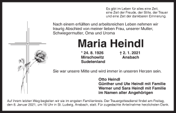 Traueranzeige von Maria Heindl von Ansbach