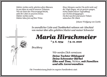 Traueranzeige von Maria Hirschmeier von Ansbach