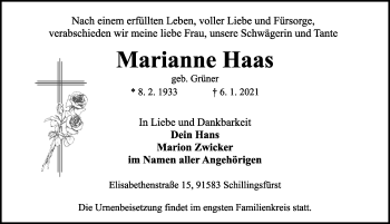 Traueranzeige von Marianne Haas von Rothenburg