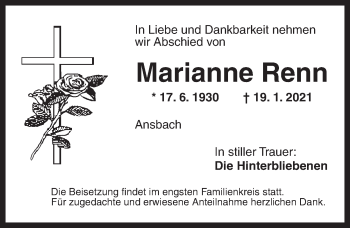 Traueranzeige von Marianne Renn von Ansbach