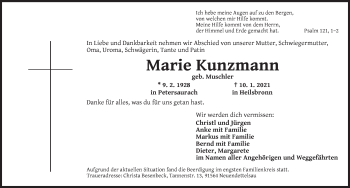 Traueranzeige von Marie Kunzmann von Ansbach