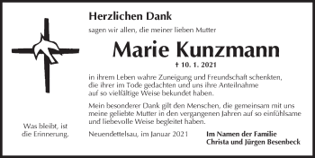 Traueranzeige von Marie Kunzmann von Ansbach