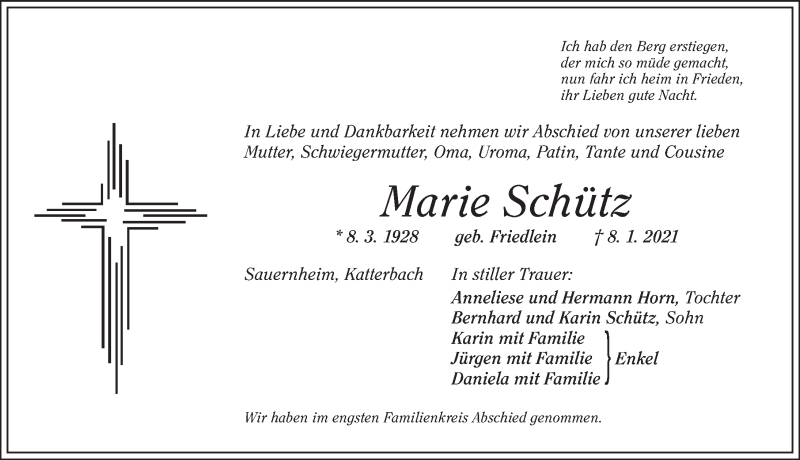  Traueranzeige für Marie Schütz vom 13.01.2021 aus Ansbach