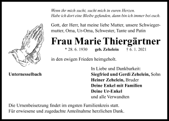 Traueranzeige von Marie Thiergärtner von Neustadt/ Scheinfeld/ Uffenheim