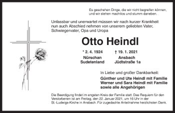 Traueranzeige von Otto Heindl von Ansbach