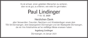 Traueranzeige von Paul Lindinger von Dinkelsbühl/ Feuchtwangen