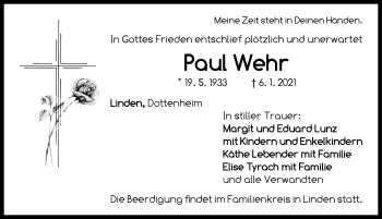 Traueranzeige von Paul Wehr von Neustadt/ Scheinfeld/ Uffenheim