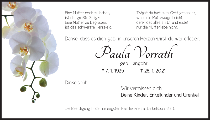  Traueranzeige für Paula Vorrath vom 30.01.2021 aus Dinkelsbühl/ Feuchtwangen