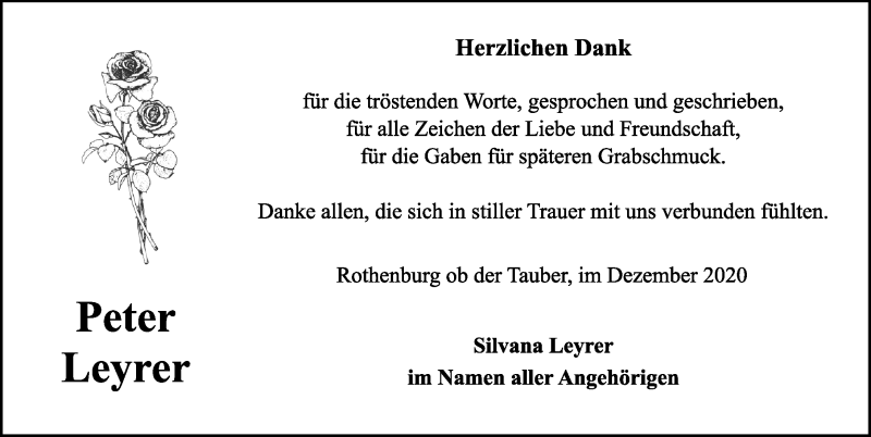  Traueranzeige für Peter Leyrer vom 02.01.2021 aus Rothenburg