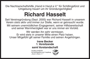 Traueranzeige von Richard Hasselt von Rothenburg