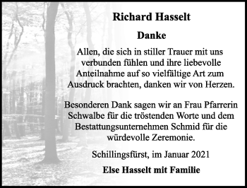 Traueranzeige von Richard Hasselt von Rothenburg