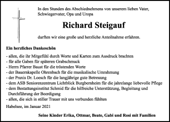 Traueranzeige von Richard Steigauf von Rothenburg