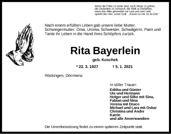 Traueranzeige von Rita Bayerlein von Dinkelsbühl/ Feuchtwangen