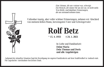 Traueranzeige von Rolf Betz von Ansbach
