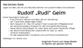 Traueranzeige von Rudolf Geim von Ansbach