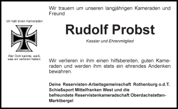 Traueranzeige von Rudolf Probst von Rothenburg