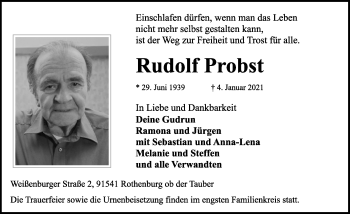 Traueranzeige von Rudolf Probst von Rothenburg