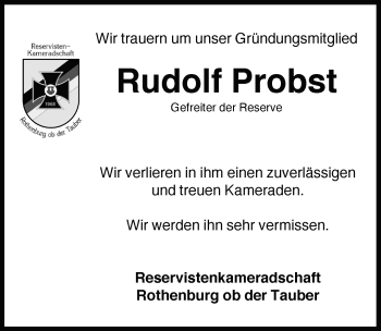 Traueranzeige von Rudolf Probst von Rothenburg