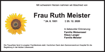 Traueranzeige von Ruth Meister von Ansbach