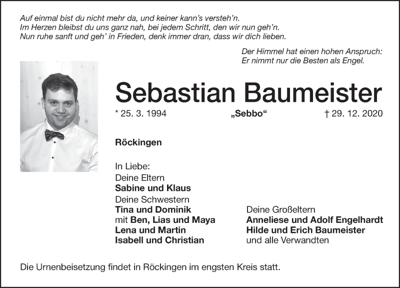  Traueranzeige für Sebastian Baumeister vom 06.01.2021 aus Dinkelsbühl/ Feuchtwangen