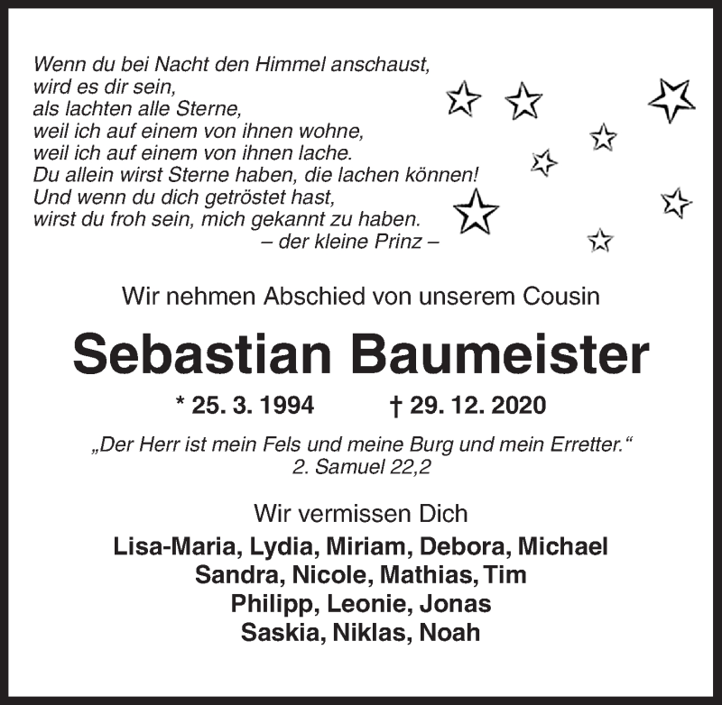  Traueranzeige für Sebastian Baumeister vom 06.01.2021 aus Dinkelsbühl/ Feuchtwangen