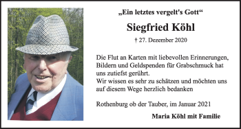 Traueranzeige von Siegfried Köhl von Rothenburg