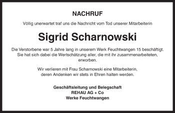 Traueranzeige von Sigrid Scharnowski von Dinkelsbühl/ Feuchtwangen