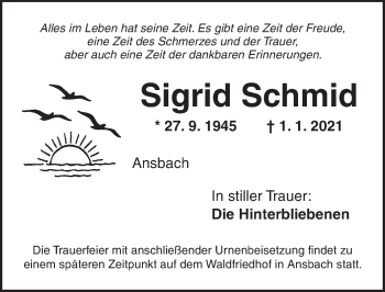 Traueranzeige von Sigrid Schmid von Ansbach