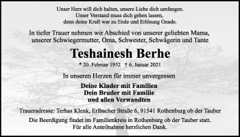 Traueranzeige von Teshainesh Berhe von Rothenburg
