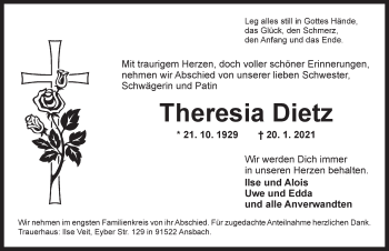 Traueranzeige von Theresia Dietz von Ansbach