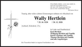 Traueranzeige von Wally Hertlein von Ansbach