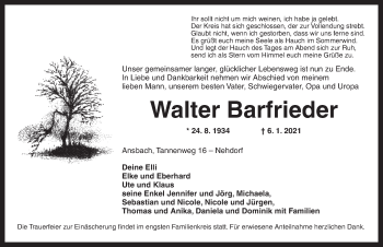 Traueranzeige von Walter Barfrieder von Ansbach