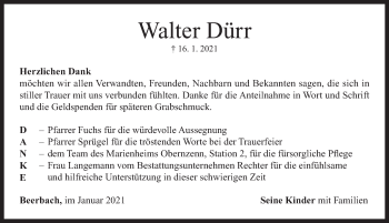 Traueranzeige von Walter Dürr von Neustadt/ Scheinfeld/ Uffenheim