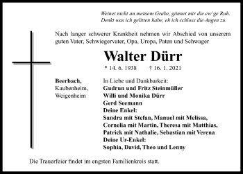 Traueranzeige von Walter Dürr von Neustadt/ Scheinfeld/ Uffenheim