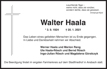 Traueranzeige von Walter Haala von Ansbach