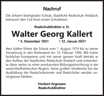 Traueranzeige von Walter Georg Kallert von Ansbach